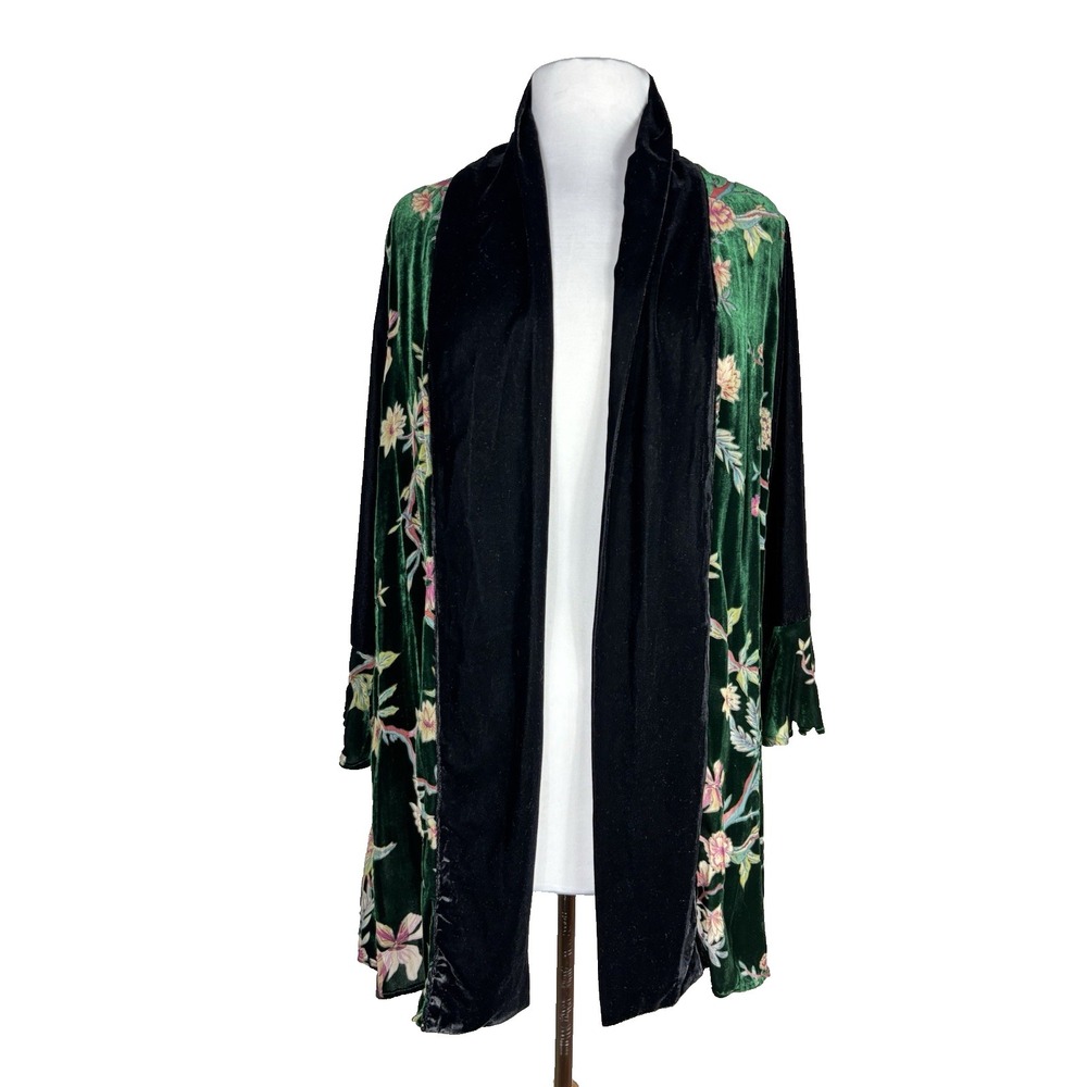 Ania A Open Front Emerald Green Velvet Floral Burnout Boho Kimono Cardigan Sz M